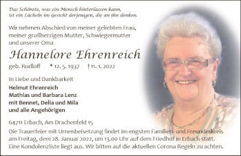 Traueranzeige von Hannelore Ehrenreich von vrm-trauer Odenwälder Echo