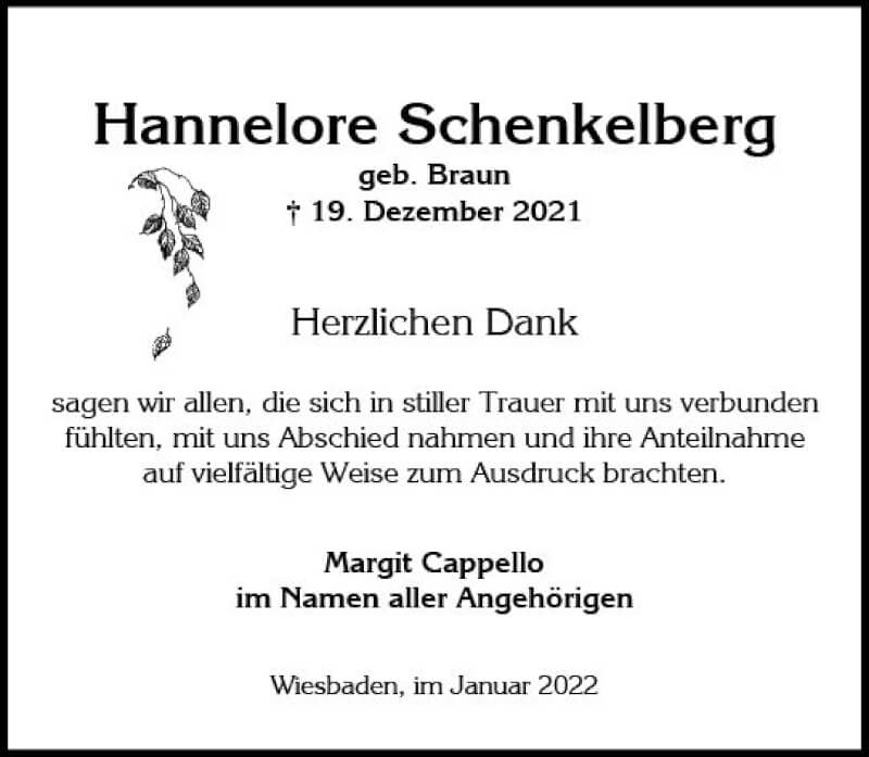  Traueranzeige für Hannelore Schenkelberg vom 15.01.2022 aus vrm-trauer Wiesbadener Kurier