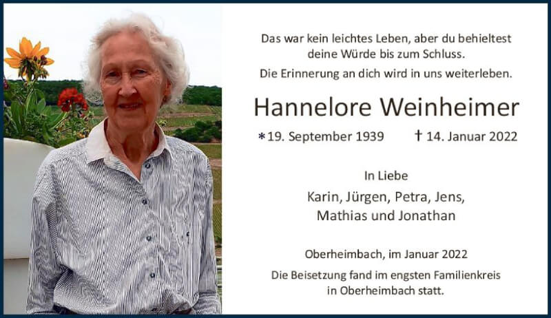  Traueranzeige für Hannelore Weinheimer vom 29.01.2022 aus vrm-trauer Allgemeine  Zeitung Ingelheim-Bingen