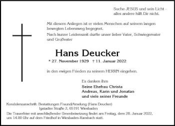 Traueranzeige von Hans Deucker von vrm-trauer Wiesbadener Kurier