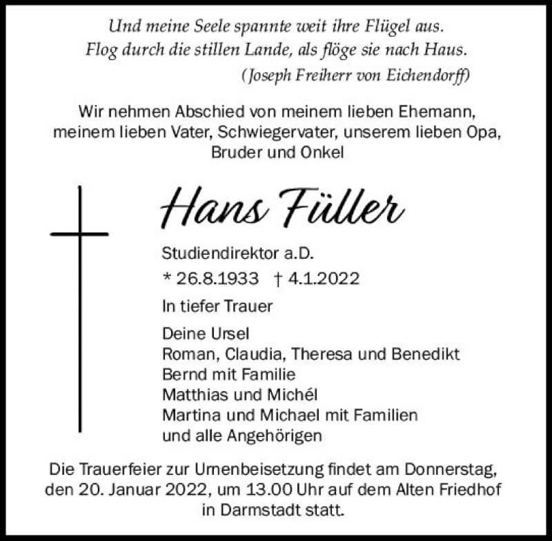  Traueranzeige für Hans Füller vom 15.01.2022 aus vrm-trauer Darmstädter Echo