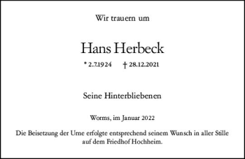 Traueranzeige von Hans Herbeck von vrm-trauer Wormser Zeitung