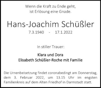 Traueranzeige von Hans-Joachim Schüßler von vrm-trauer Darmstädter Echo