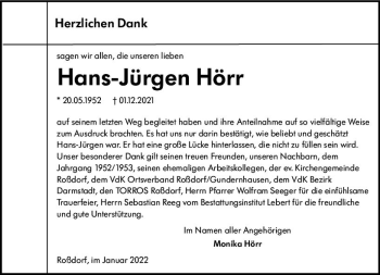 Traueranzeige von Hans-Jürgen Hörr von vrm-trauer Darmstädter Echo