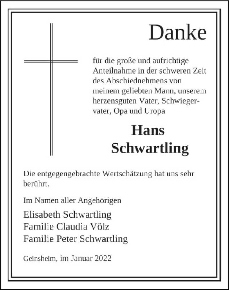  Traueranzeige für Hans Schwartling vom 15.01.2022 aus vrm-trauer Groß-Gerauer Echo