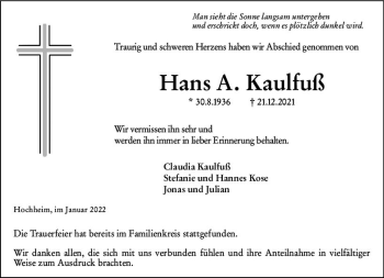 Traueranzeige von Hans A. Kaulfuß von  Gestaltungspauschale