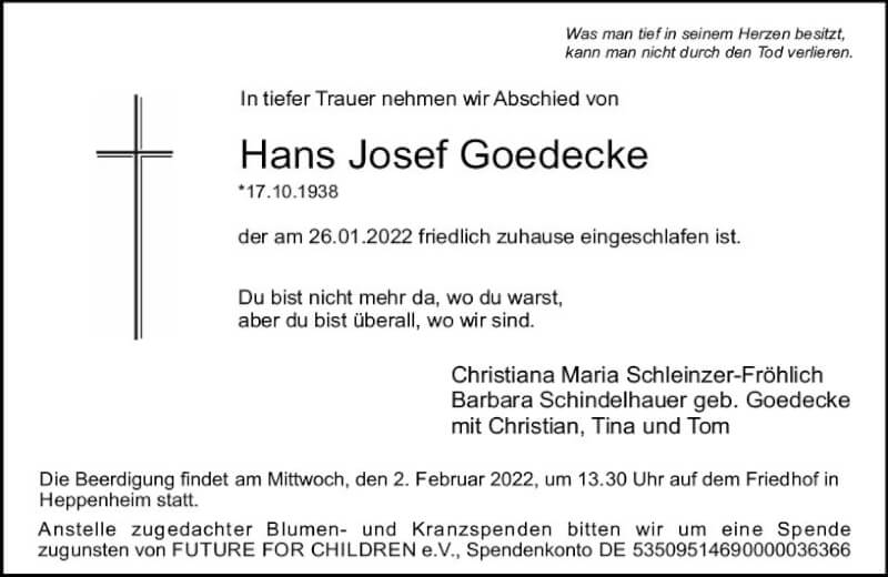 Traueranzeige für Hans Josef Goedecke vom 29.01.2022 aus vrm-trauer Bürstädter/Lamperth. Ztg/Starkenburger