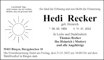 Traueranzeige von Hedi Recker von vrm-trauer Allgemeine  Zeitung Ingelheim-Bingen