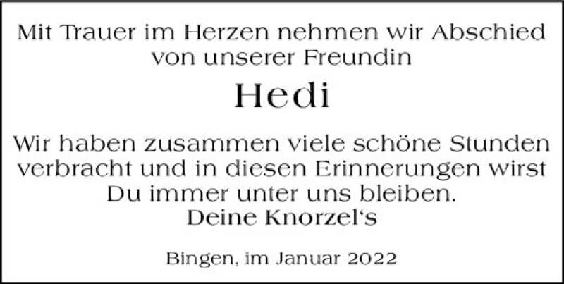  Traueranzeige für Hedi Recker vom 22.01.2022 aus vrm-trauer Allgemeine  Zeitung Ingelheim-Bingen