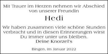 Traueranzeige von Hedi Recker von vrm-trauer Allgemeine  Zeitung Ingelheim-Bingen