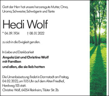 Traueranzeige von Hedi Wolf von vrm-trauer Odenwälder Echo