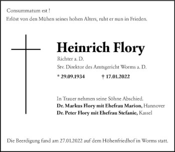 Traueranzeige von Heinrich Flory von vrm-trauer Wormser Zeitung