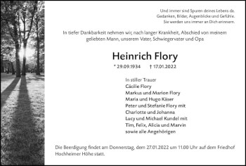 Traueranzeige von Heinrich Flory von vrm-trauer Wormser Zeitung