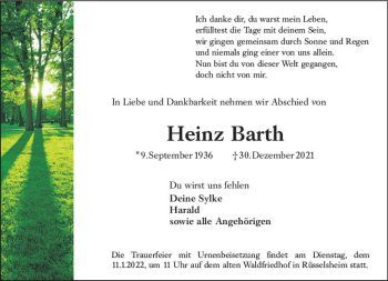 Traueranzeige von Heinz Barth von vrm-trauer Rüsselsheimer Echo / MainSpitze