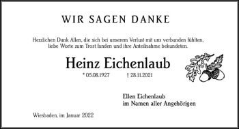 Traueranzeige von Heinz Eichenlaub von vrm-trauer Wiesbadener Kurier