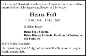 Traueranzeige von Heinz Faß von vrm-trauer AZ Mainz