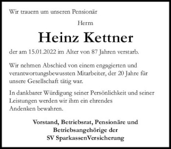 Traueranzeige von Heinz Kettner von vrm-trauer Wiesbadener Kurier
