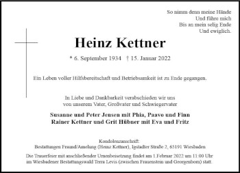 Traueranzeige von Heinz Kettner von vrm-trauer Wiesbadener Kurier