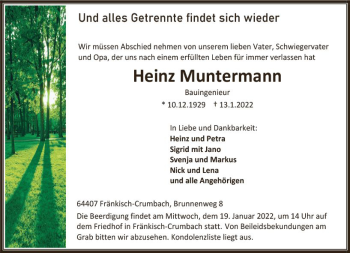 Traueranzeige von Heinz Muntermann von vrm-trauer Odenwälder Echo