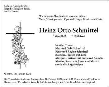 Traueranzeige von Heinz Otto Schmittel von vrm-trauer Wormser Zeitung