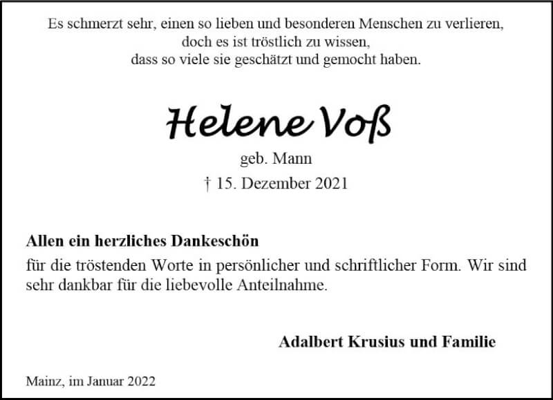  Traueranzeige für Helene Voß vom 29.01.2022 aus vrm-trauer AZ Mainz