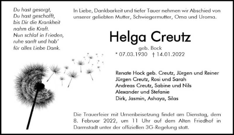  Traueranzeige für Helga Creutz vom 29.01.2022 aus vrm-trauer Darmstädter Echo