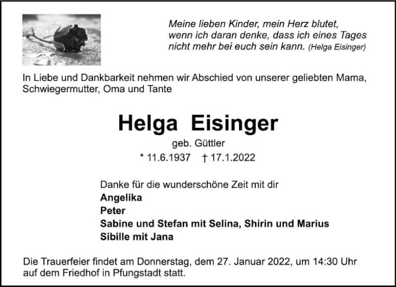  Traueranzeige für Helga Eisinger vom 22.01.2022 aus vrm-trauer Darmstädter Echo