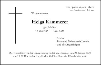 Traueranzeige von Helga Kammerer von vrm-trauer Rüsselsheimer Echo / MainSpitze