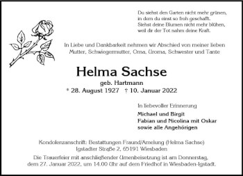 Traueranzeige von Helma Sachse von vrm-trauer Wiesbadener Kurier