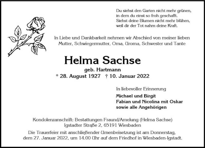  Traueranzeige für Helma Sachse vom 22.01.2022 aus vrm-trauer Wiesbadener Kurier