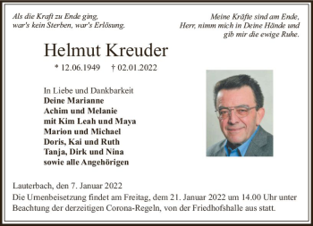 Traueranzeige von Helmut Kreuder von VRM Trauer