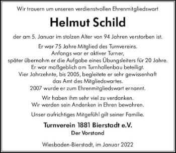 Traueranzeige von Helmut Schild von vrm-trauer Wiesbadener Kurier