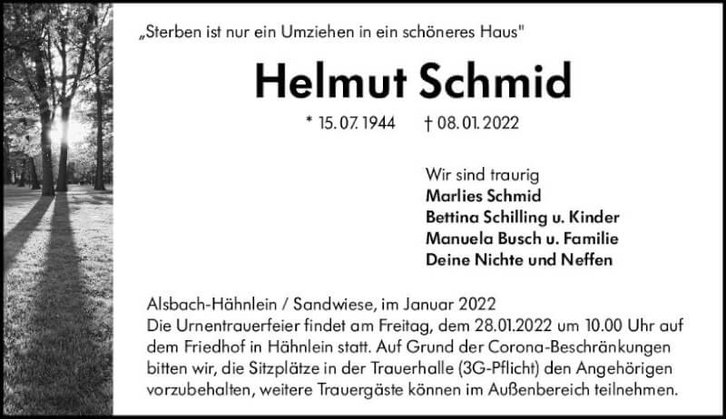  Traueranzeige für Helmut Schmid vom 22.01.2022 aus vrm-trauer Darmstädter Echo