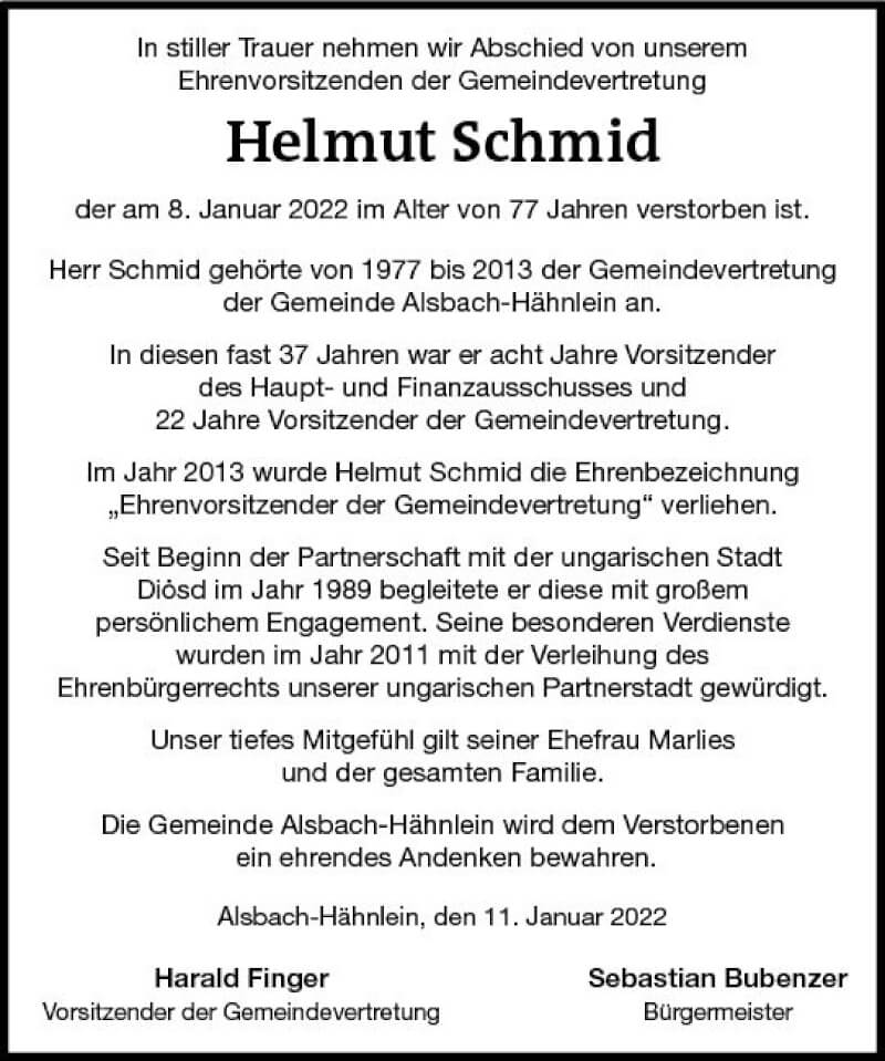  Traueranzeige für Helmut Schmid vom 15.01.2022 aus vrm-trauer Darmstädter Echo