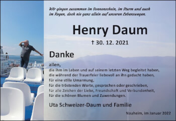 Traueranzeige von Henry Daum von vrm-trauer Rüsselsheimer Echo / MainSpitze