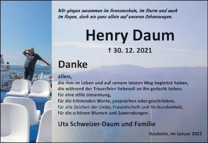  Traueranzeige für Henry Daum vom 29.01.2022 aus vrm-trauer Rüsselsheimer Echo / MainSpitze