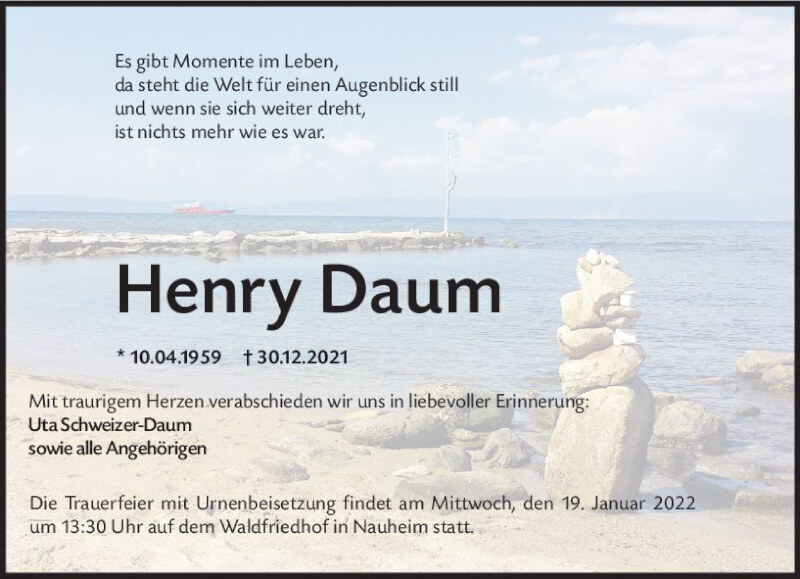  Traueranzeige für Henry Daum vom 15.01.2022 aus vrm-trauer Rüsselsheimer Echo / MainSpitze