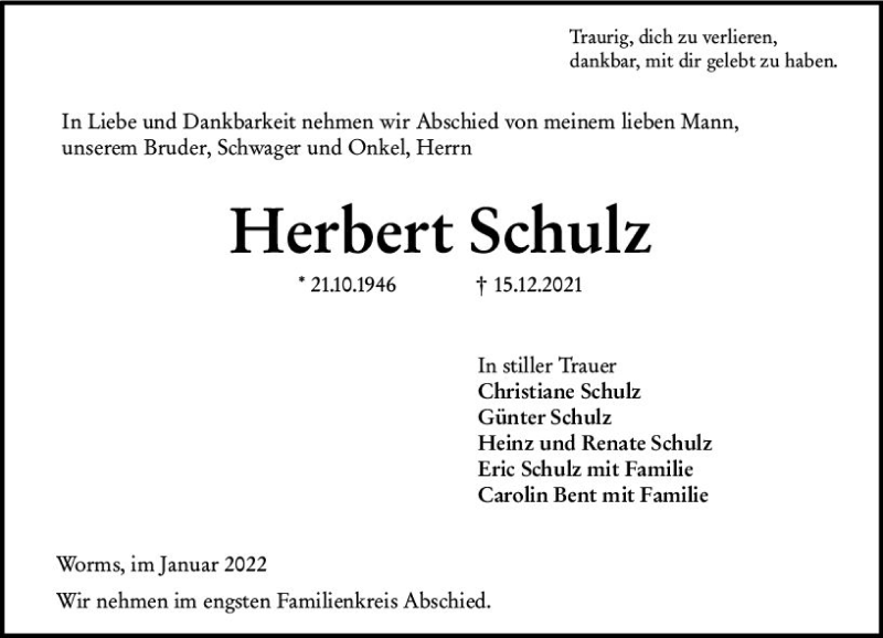  Traueranzeige für Herbert Schulz vom 18.01.2022 aus vrm-trauer Wormser Zeitung