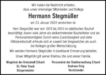 Traueranzeige von Hermann Stegmüller von vrm-trauer Odenwälder Echo