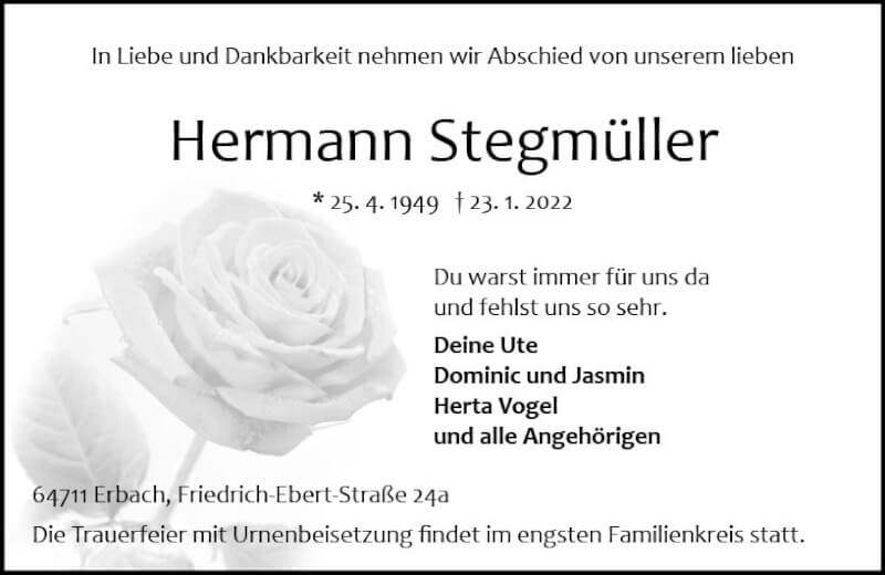  Traueranzeige für Hermann Stegmüller vom 29.01.2022 aus vrm-trauer Odenwälder Echo