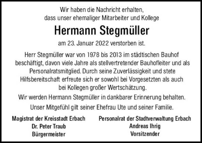  Traueranzeige für Hermann Stegmüller vom 29.01.2022 aus vrm-trauer Odenwälder Echo