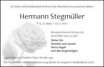 Traueranzeige von Hermann Stegmüller von vrm-trauer Odenwälder Echo