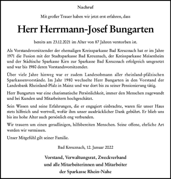 Traueranzeige von Herrmann-Josef Bungarten von vrm-trauer Allg. Zeitung Bad Kreuznach