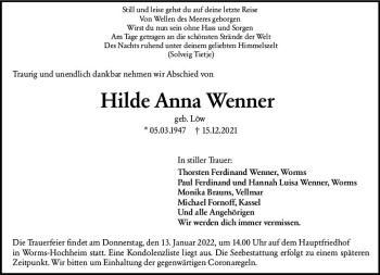 Traueranzeige von Hilde Anna Wenner von vrm-trauer Wormser Zeitung