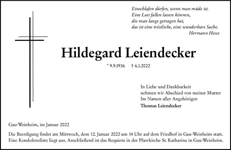  Traueranzeige für Hildegard Leiendecker vom 11.01.2022 aus vrm-trauer Allgemeine Zeitung Alzey