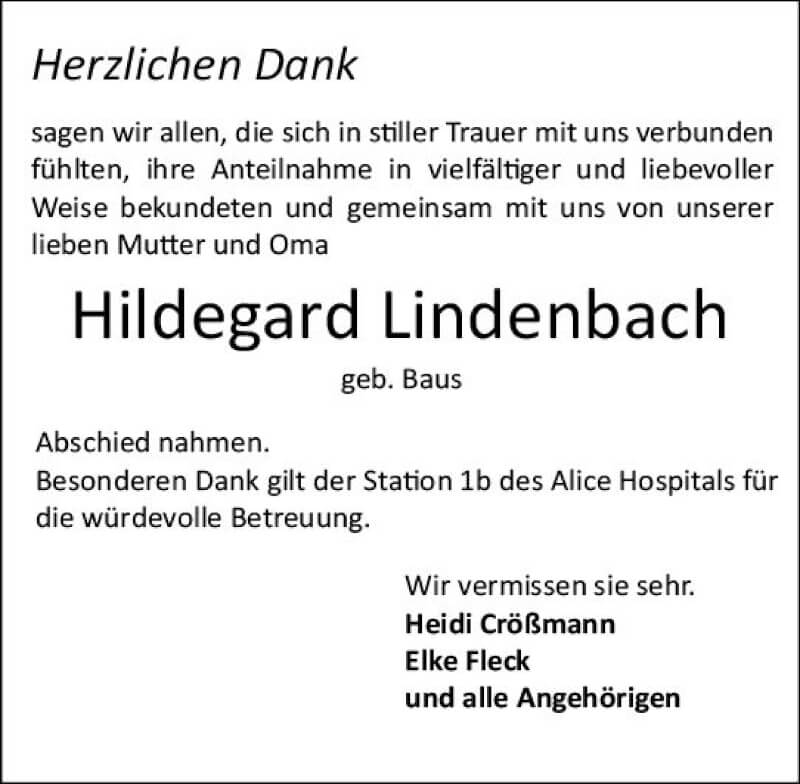  Traueranzeige für Hildegard Lindenbach vom 29.01.2022 aus vrm-trauer Darmstädter Echo