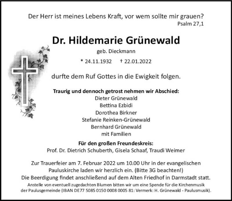  Traueranzeige für Hildemarie Grünewald vom 29.01.2022 aus vrm-trauer Darmstädter Echo