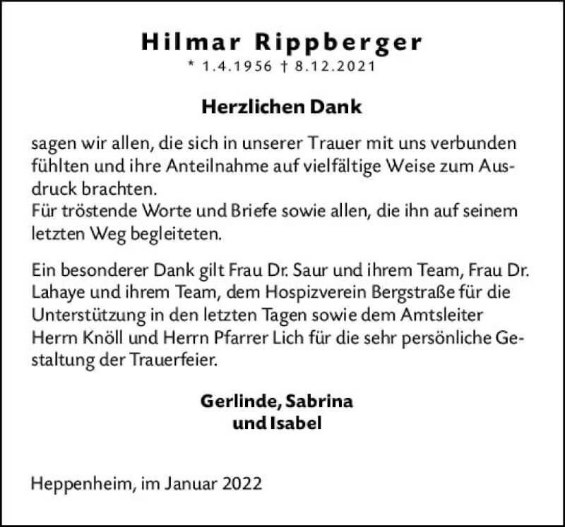  Traueranzeige für Hilmar Rippberger vom 22.01.2022 aus vrm-trauer Darmstädter Echo