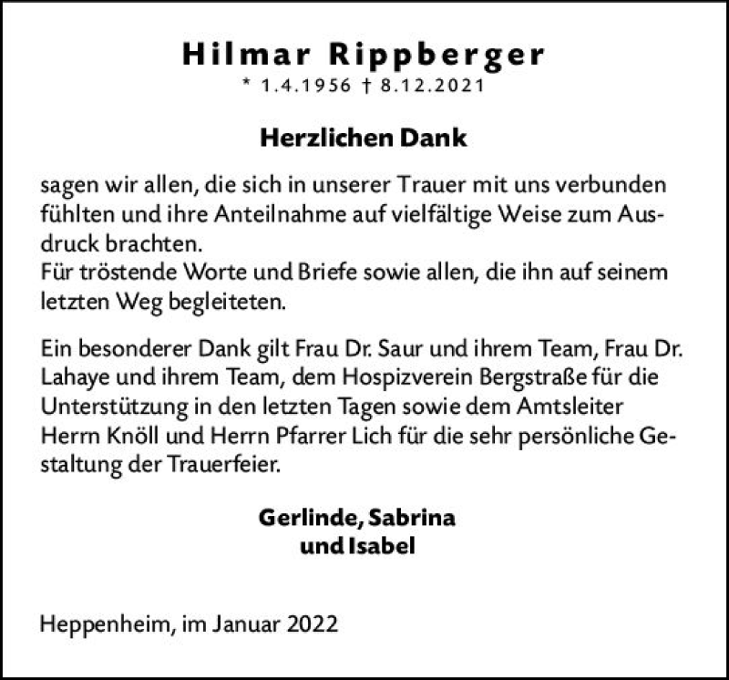  Traueranzeige für Hilmar Rippberger vom 26.01.2022 aus vrm-trauer Bürstädter/Lamperth. Ztg/Starkenburger