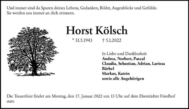  Traueranzeige für Horst Kölsch vom 15.01.2022 aus vrm-trauer Darmstädter Echo